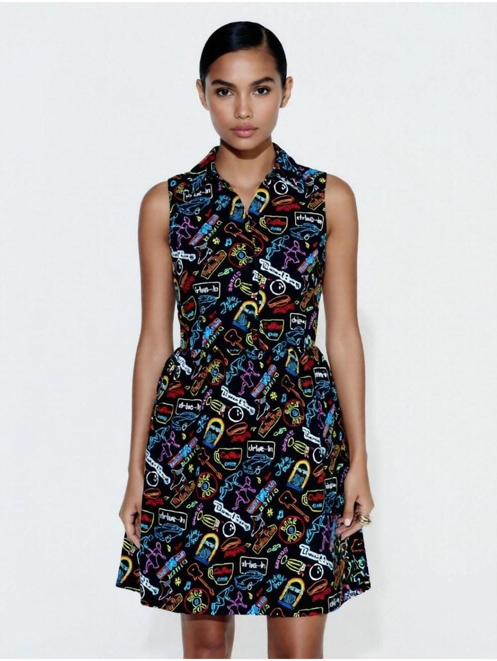 Retro Rock VTG 60s Dolllz & Damez Black multicolor graphic Dress Button Down